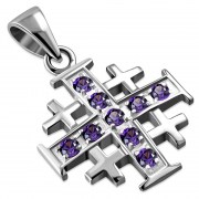 Small Amethyst CZ Jerusalem Cross Silver Pendant, p452